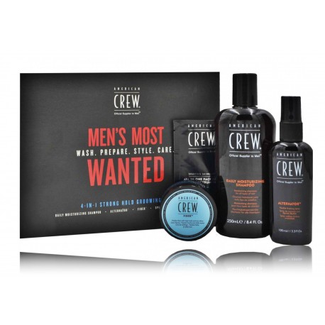 American Crew Men's Most Wanted Strong Hold komplekts vīriešiem (šampūns 250 ml. + sprejs 100 ml. + vasks 50 g. + balzams 7.4  ml.)