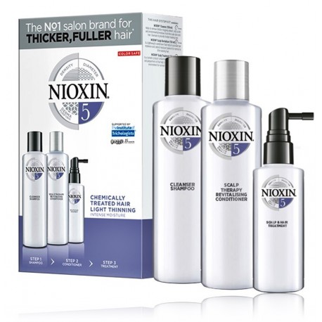 Nioxin System 5 komplekts gaišiem, ķīmiski ietekmētiem matiem ar nelielu izkrišanu (šampūns + kondicionieris + līdzeklis) 350 ml.