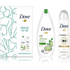 Dove Radiantly Refreshing dušo želė Refreshing + pretsviedru aerosols Invisible Dry Clean Touch dāvanu komplekts