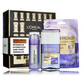 L'oreal Hyaluron Specialist Intensive Hydratio komplekts (grima noņemšanas līdzeklis + lokšņu sejas maska ​​+ sejas želeja)