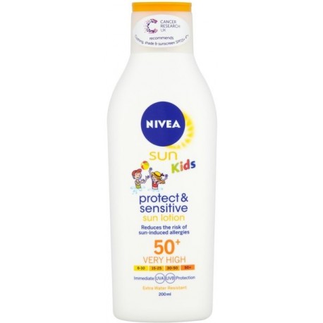 Nivea Sun Kids Protect & Sensitive losjons jūtīgai bērnu ādai pret sauli ar SPF50+ 200 ml.